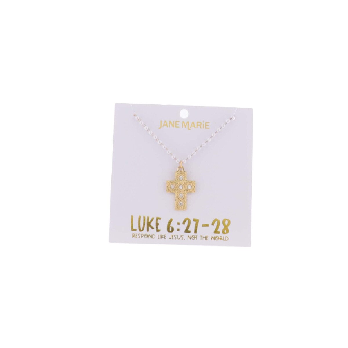 Ruth Pearl Beaded Cross Necklace – Luke 6:27–28 “Respond Like Jesus” (16" + 3" Ext)