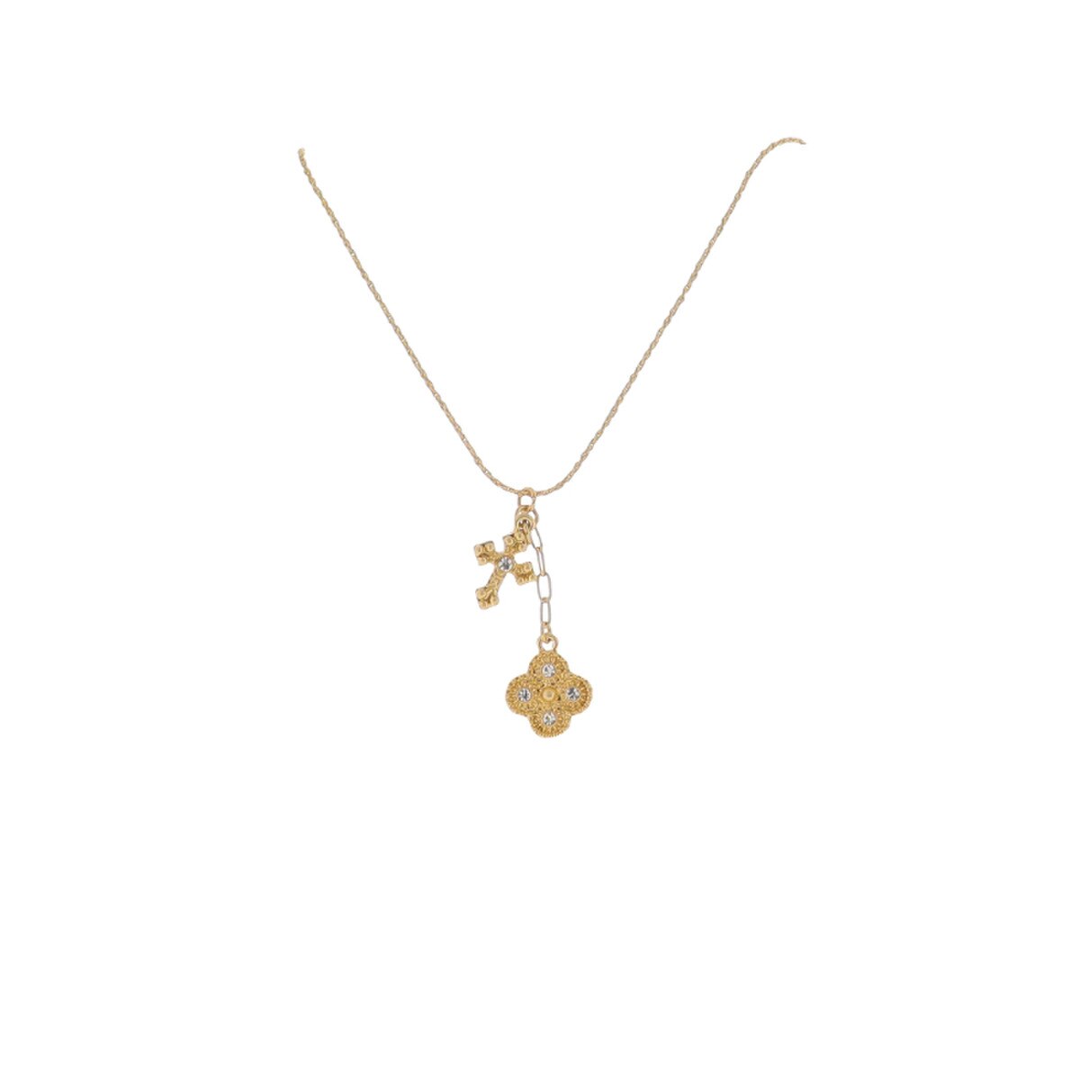 Ruth "Amen" Twist Chain Necklace – Gold with Clear Crystal Cross & Quatrefoil Charm (16" + 3" Ext)