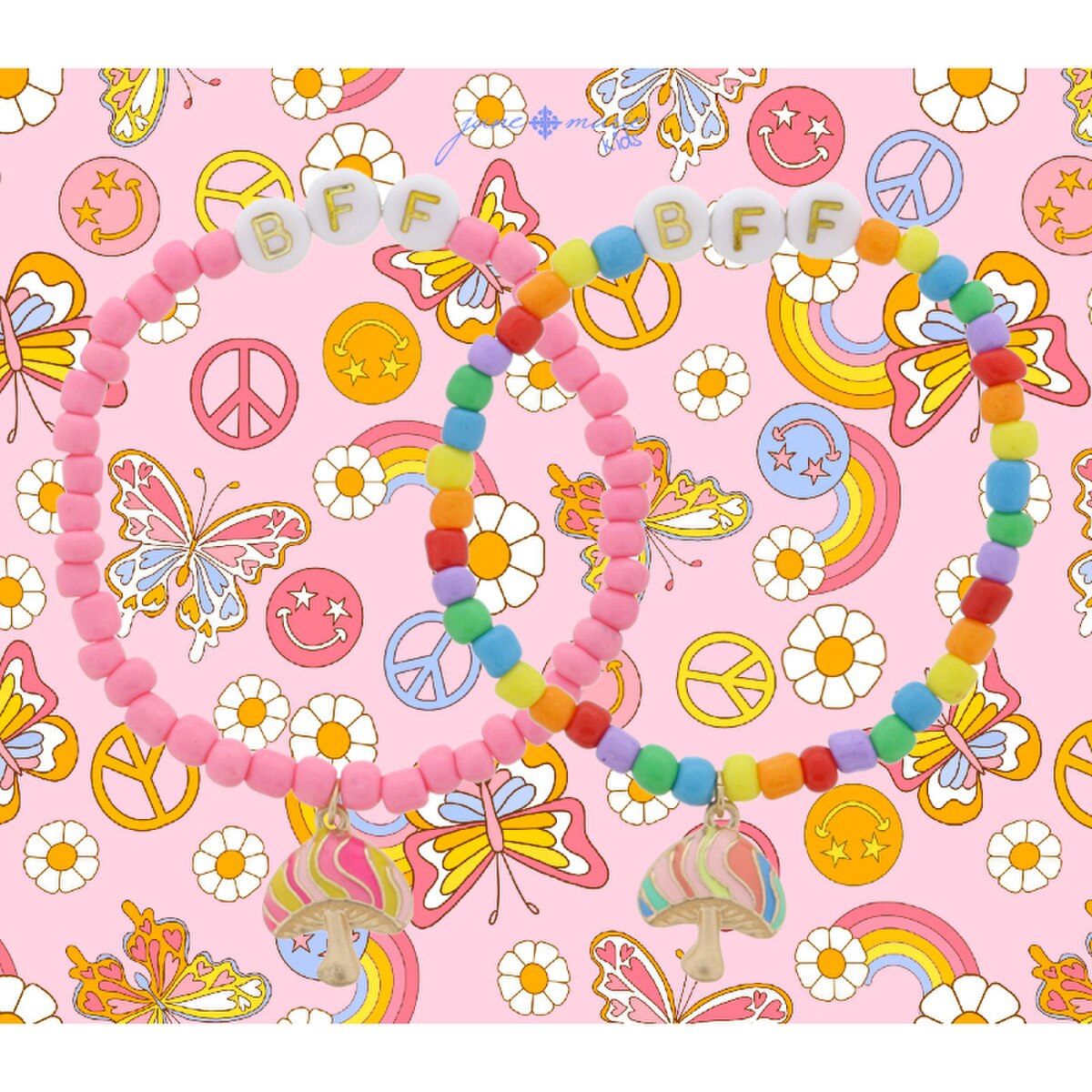 Kids Set of 2, Coordinating "BFF" Pink & Beaded with Enamel Mushrooms Bracelets