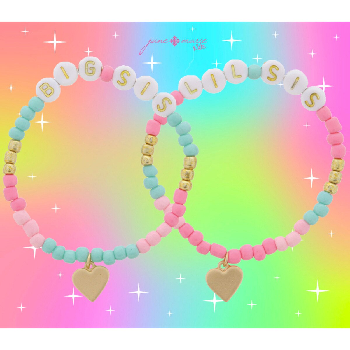 Kids Set of 2, Matching "BIG SIS" & "LIL SIS" Beaded with Gold Hearts Bracelet