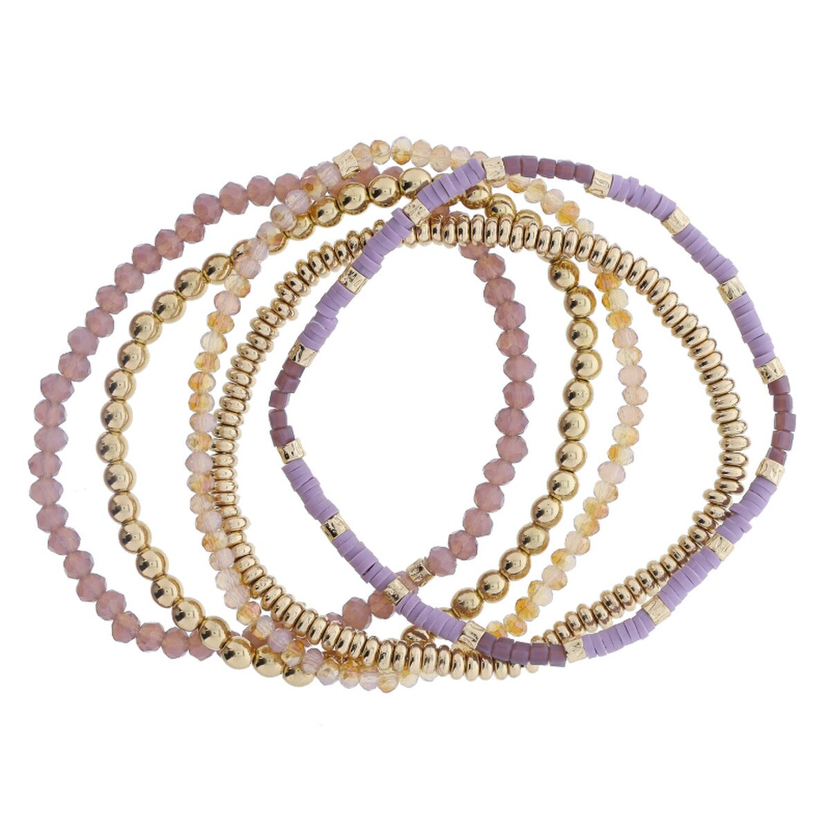 Cheyanne Stack – Set of 5 Purple, Lavender & Gold Beaded Bracelets (8")