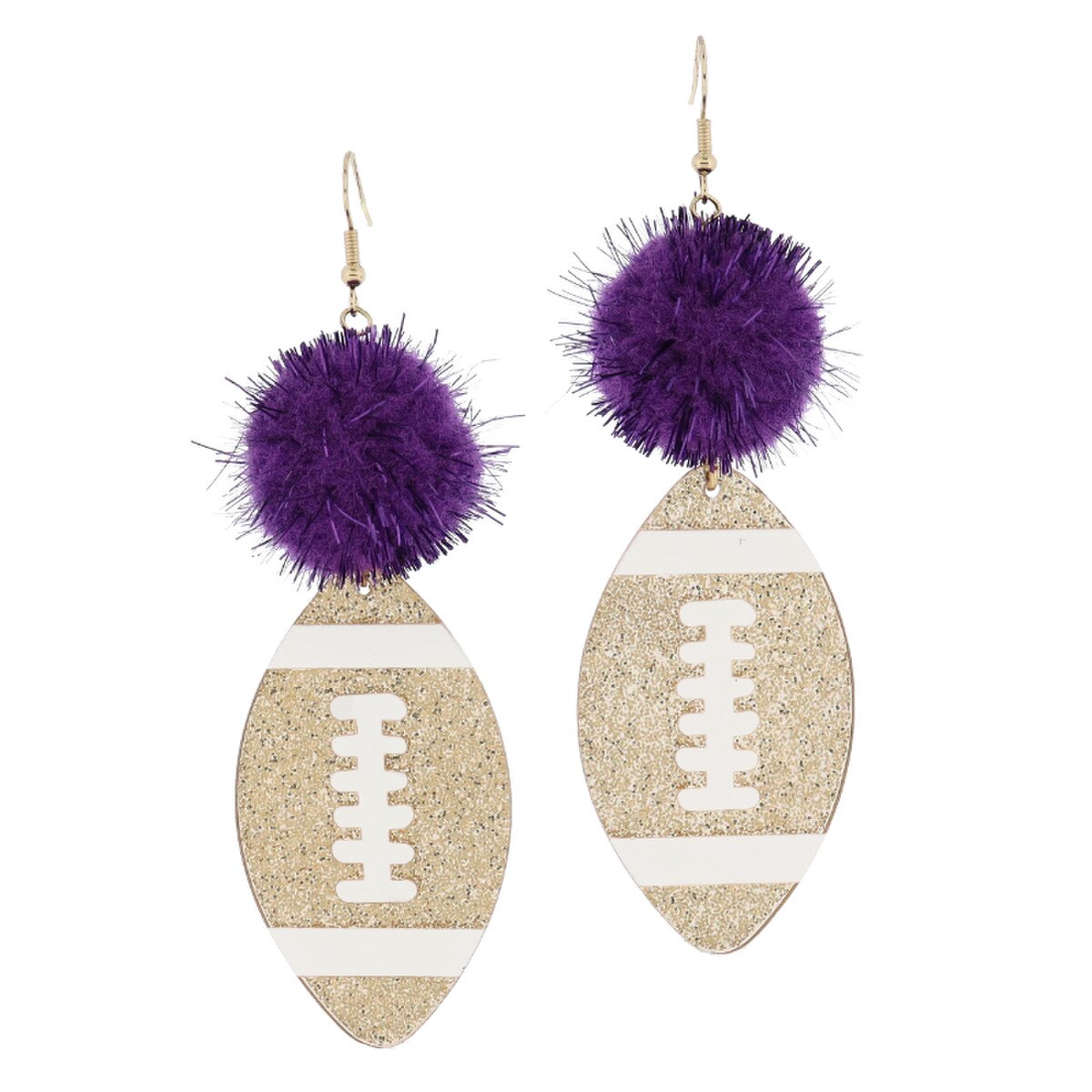 Purple Tinsel Pom + Gold Glitter Football Earrings