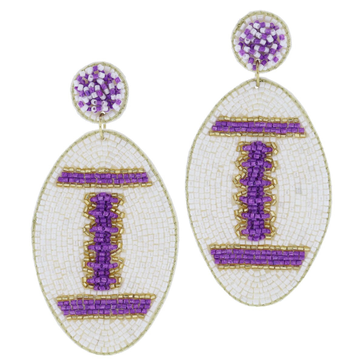 Purple, Ivory & Gold Beaded Football Earrings