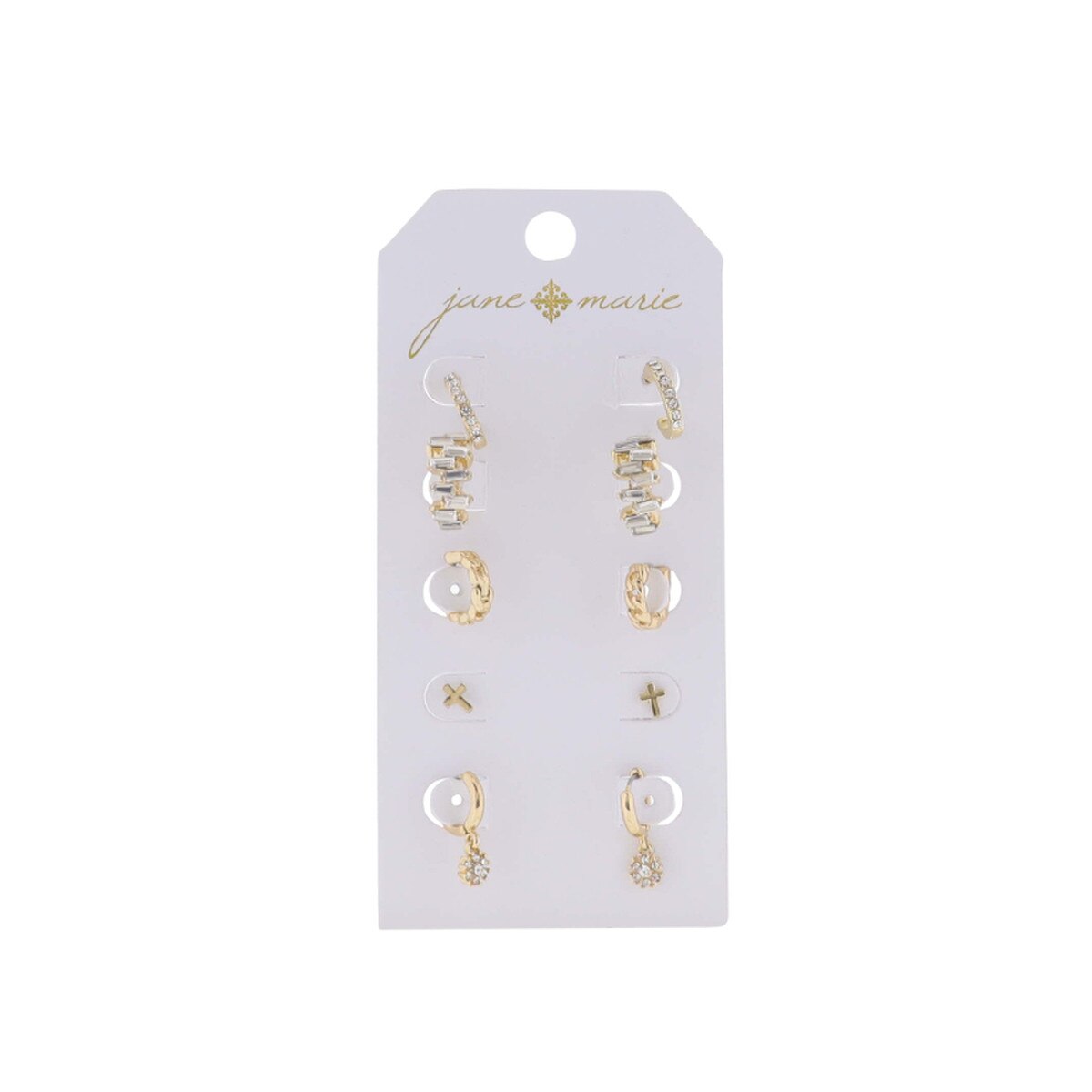 Take Five! Earring Set – Gold Huggies, Crystals, Cross & Floral Studs (Set of 5)