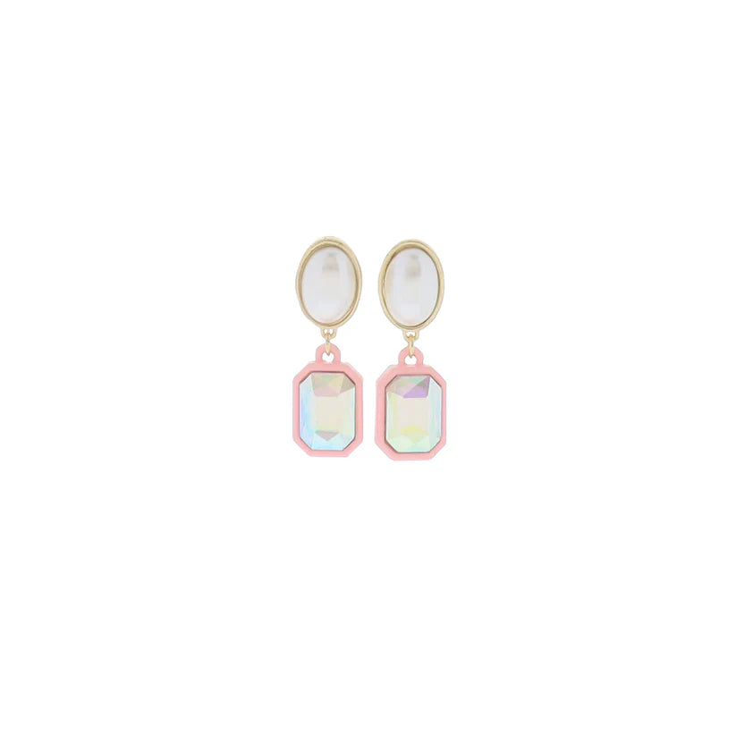 Pink Crystal Drop Earrings – AB Iridescent Gem in Pink Rectangle