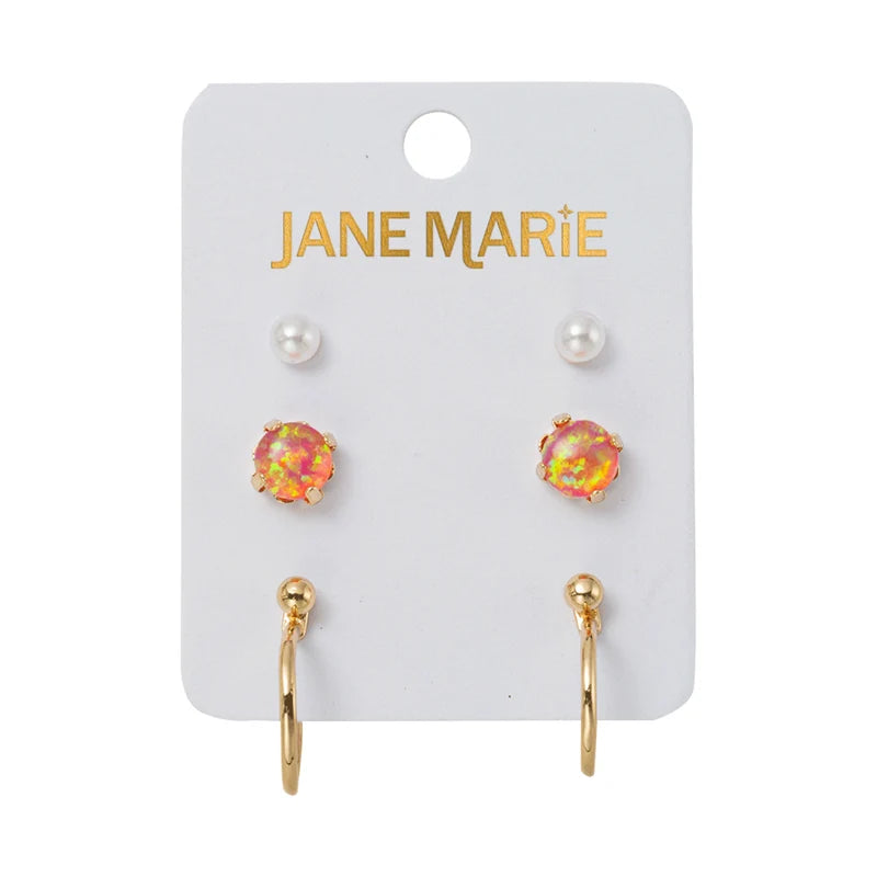Darlin’ Set of 3 Pearl, Pink Opal & Gold Hoop Flat Screw Back Earrings