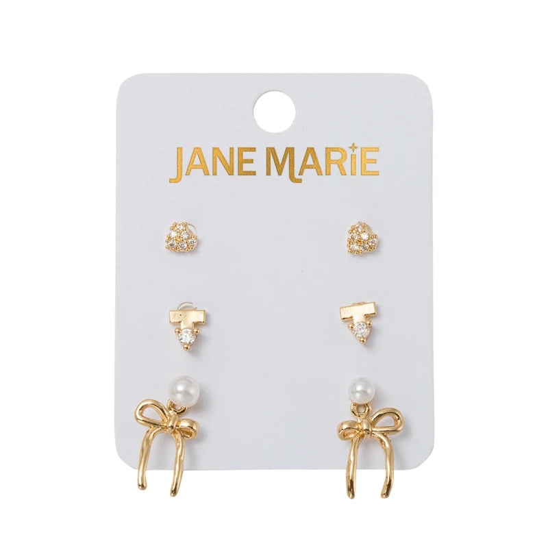 Darlin’ Set of 3 Crystal Heart, Bar & Pearl Bow Stud Earrings – Gold