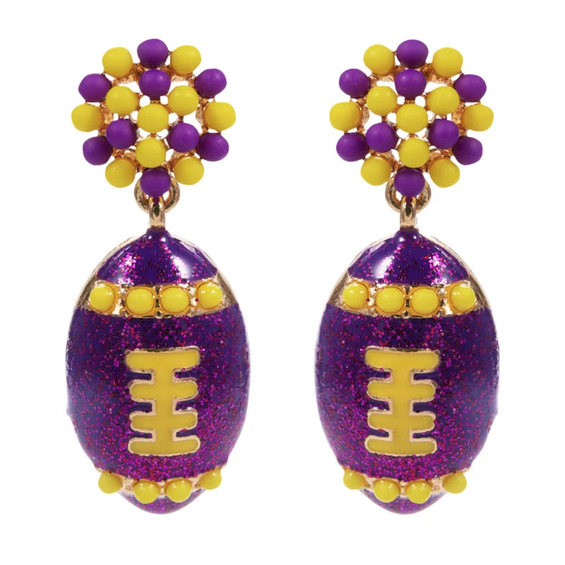 Purple & Gold Glitter Football Earrings ā Game Day Statement Earrings