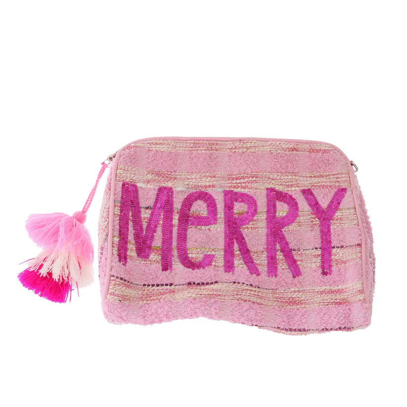Merry Sequin Zipper Pouch – Pink Holiday Cosmetic Bag