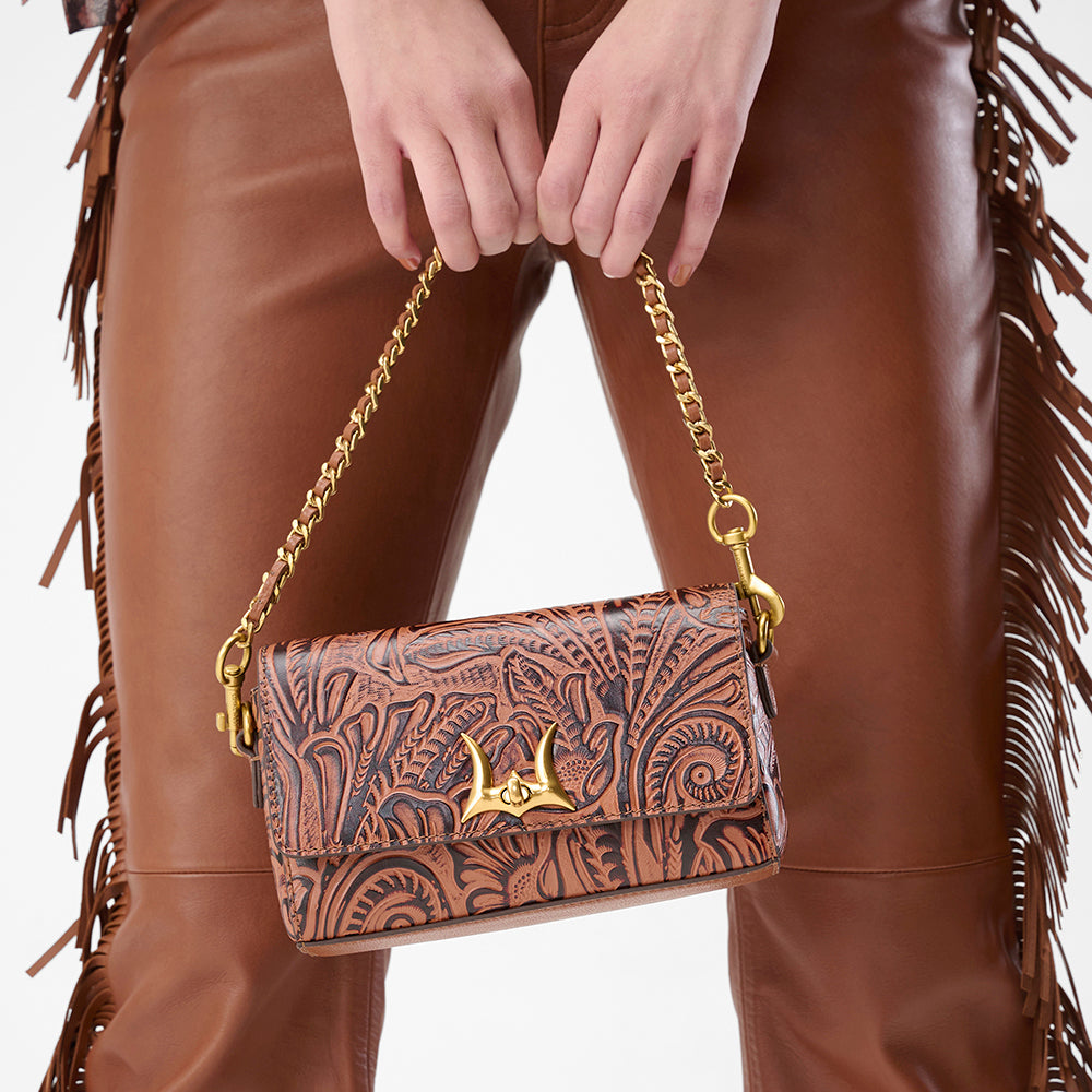 Loyal West SAVI MINI BAG IN HAND FINISHED EMBOSSED LEATHER - BROWN