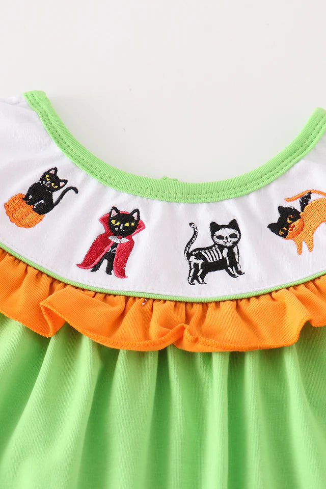 Green Halloween Cat Embroidery Dress – Girls Halloween Outfit with Cat Appliqué