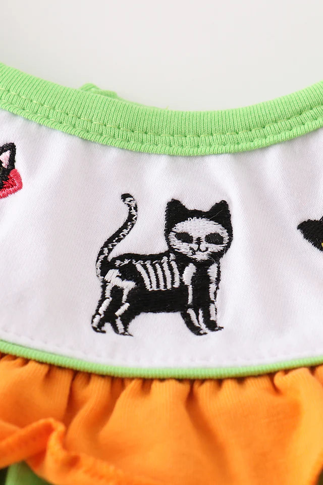 Green Halloween Cat Embroidery Dress – Girls Halloween Outfit with Cat Appliqué