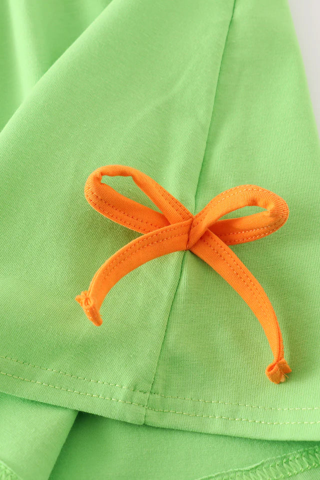 Green Halloween Cat Embroidery Dress – Girls Halloween Outfit with Cat Appliqué