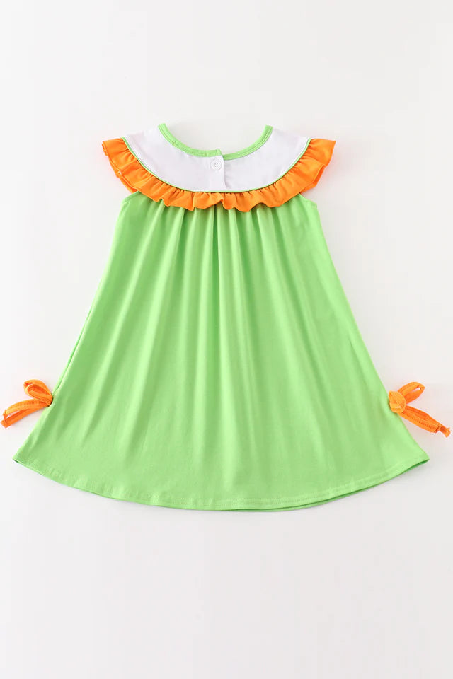 Green Halloween Cat Embroidery Dress – Girls Halloween Outfit with Cat Appliqué