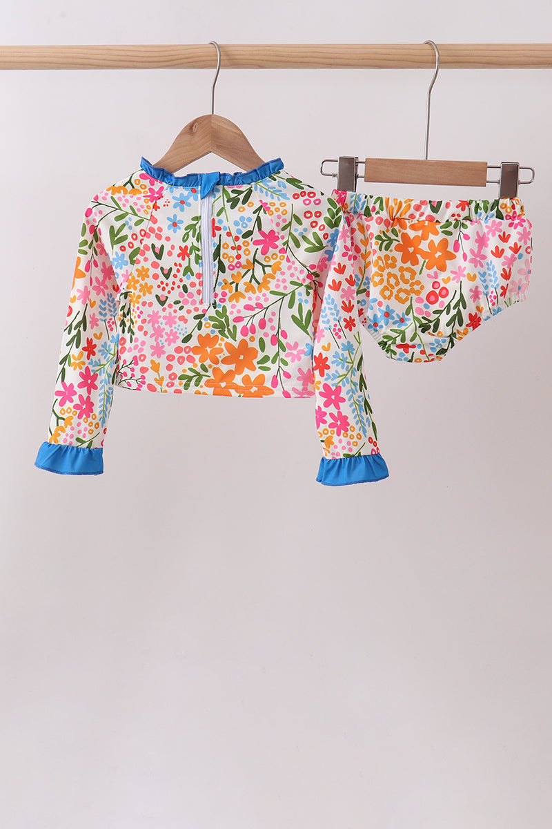 Summer floral print ruffle 2pc swimsuit