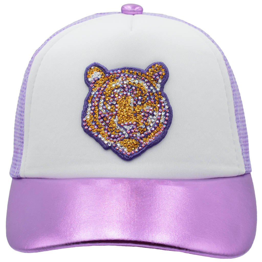 Rhinestone Tiger Youth Trucker Hat – Lavender or Metallic Purple