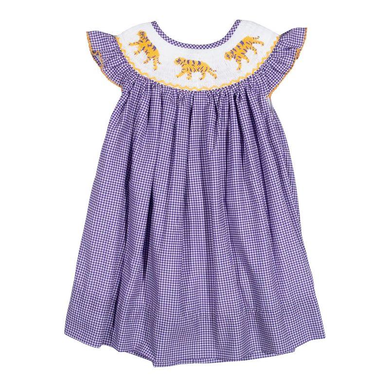 Girls Purple Tiger Smocked Dress – LSU-Inspired Gingham Tiger Bishop Dress