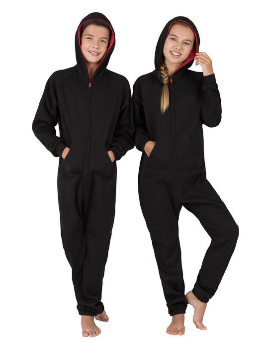 Black & Red Kids Footless Hoodie Onesie