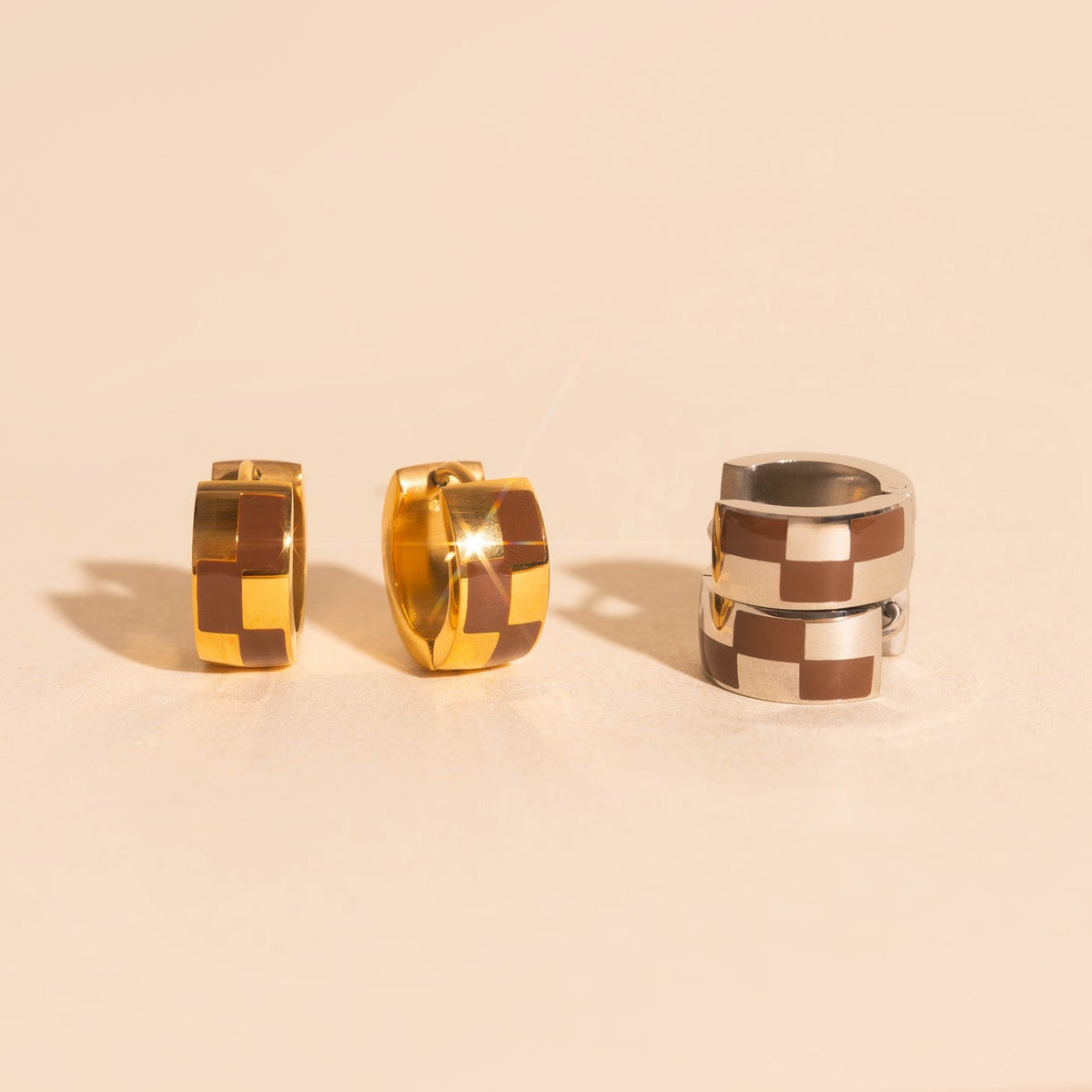 9mm Block Checkered Super Chunky Huggie Hoop Earrings