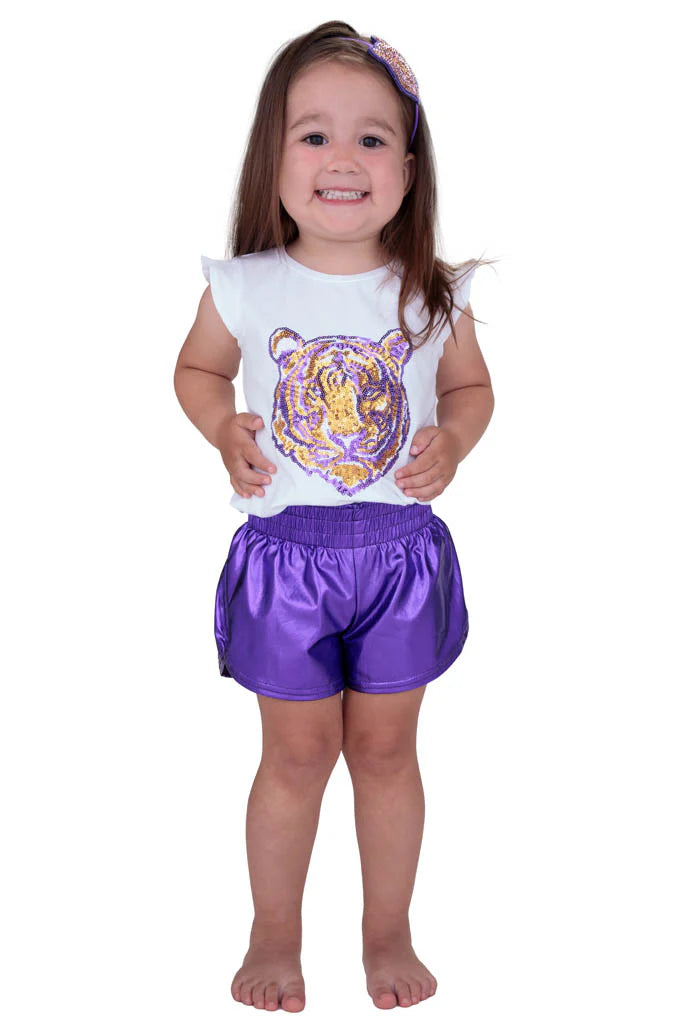Purple Gold Sequin Tiger White Ruffle Sleeve