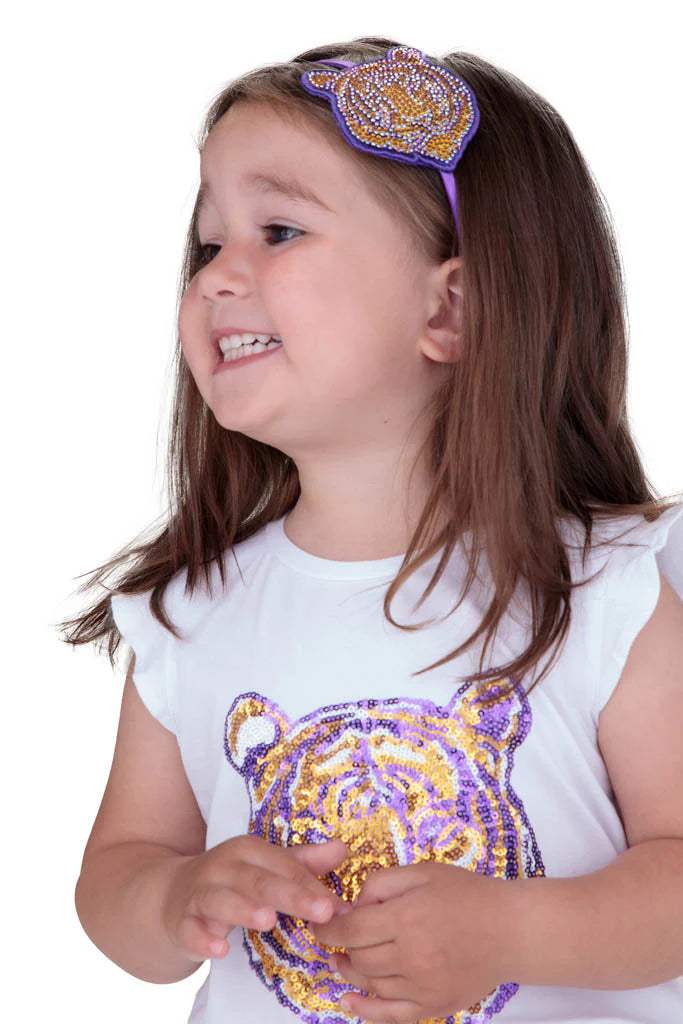 Purple Gold Sequin Tiger White Ruffle Sleeve