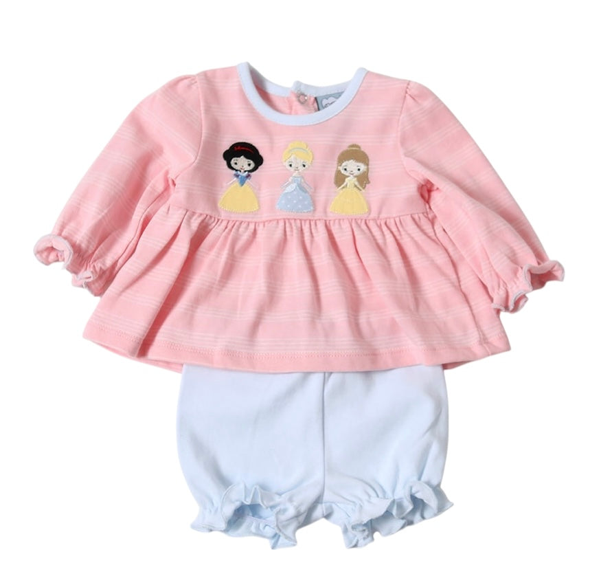 Baby Girls Disney Princess Inspired Applique Bloomer Set | Pink Long Sleeve Top & Blue Ruffle Bloomers