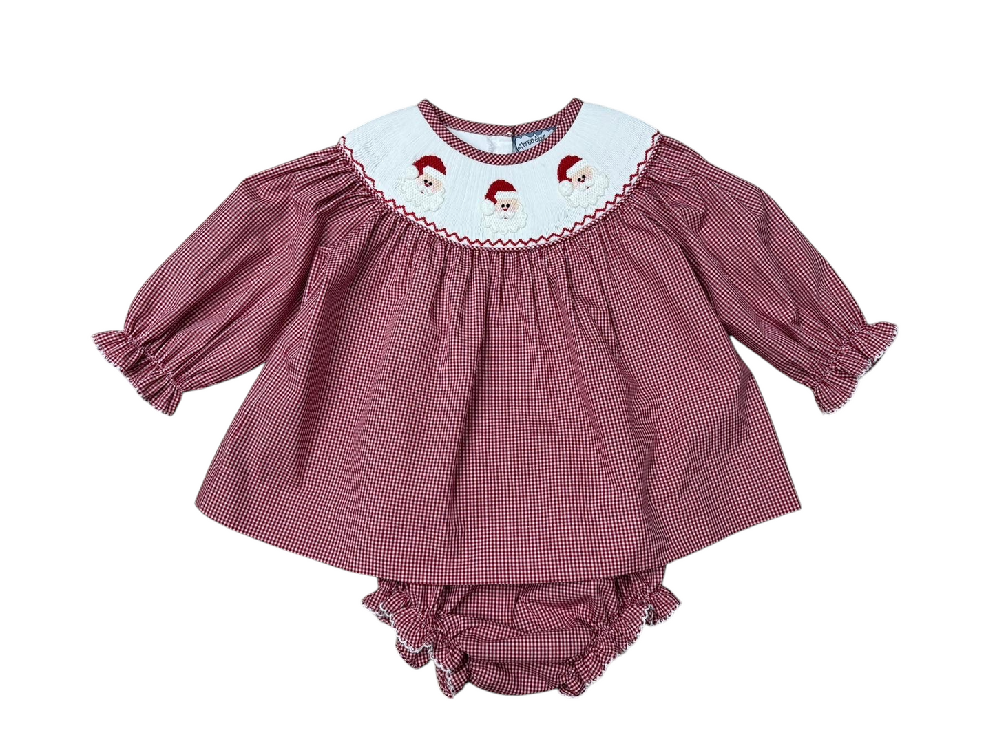 Santa Smocked Bloomer Set – Baby & Toddler Girls Red Gingham Christmas Outfit