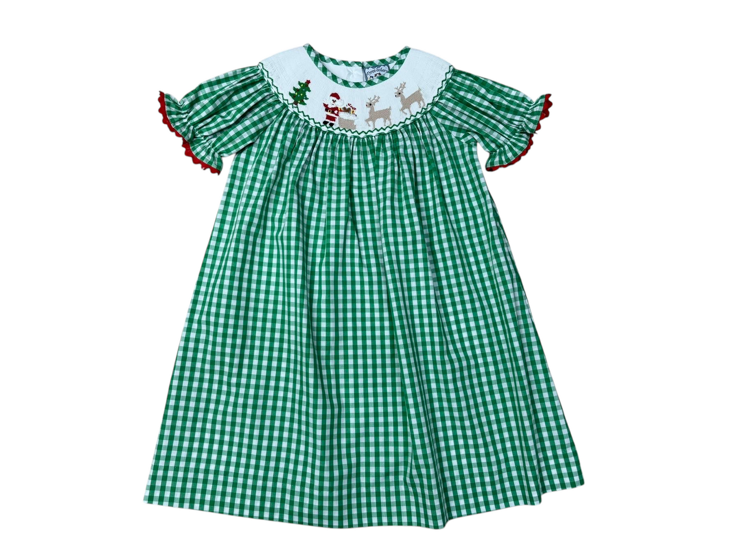 Christmas Time Smocked Bishop Dress – Girls Green Gingham Holiday Outfit