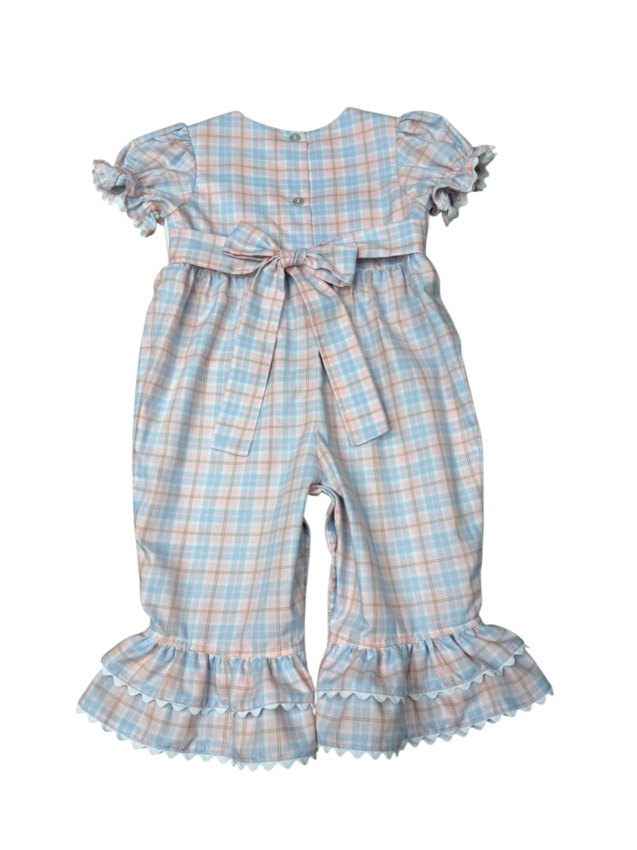 Baby Girls Smocked Noah's Ark Plaid Ruffle Romper | Boutique Blue & Pink Bubble Outfit