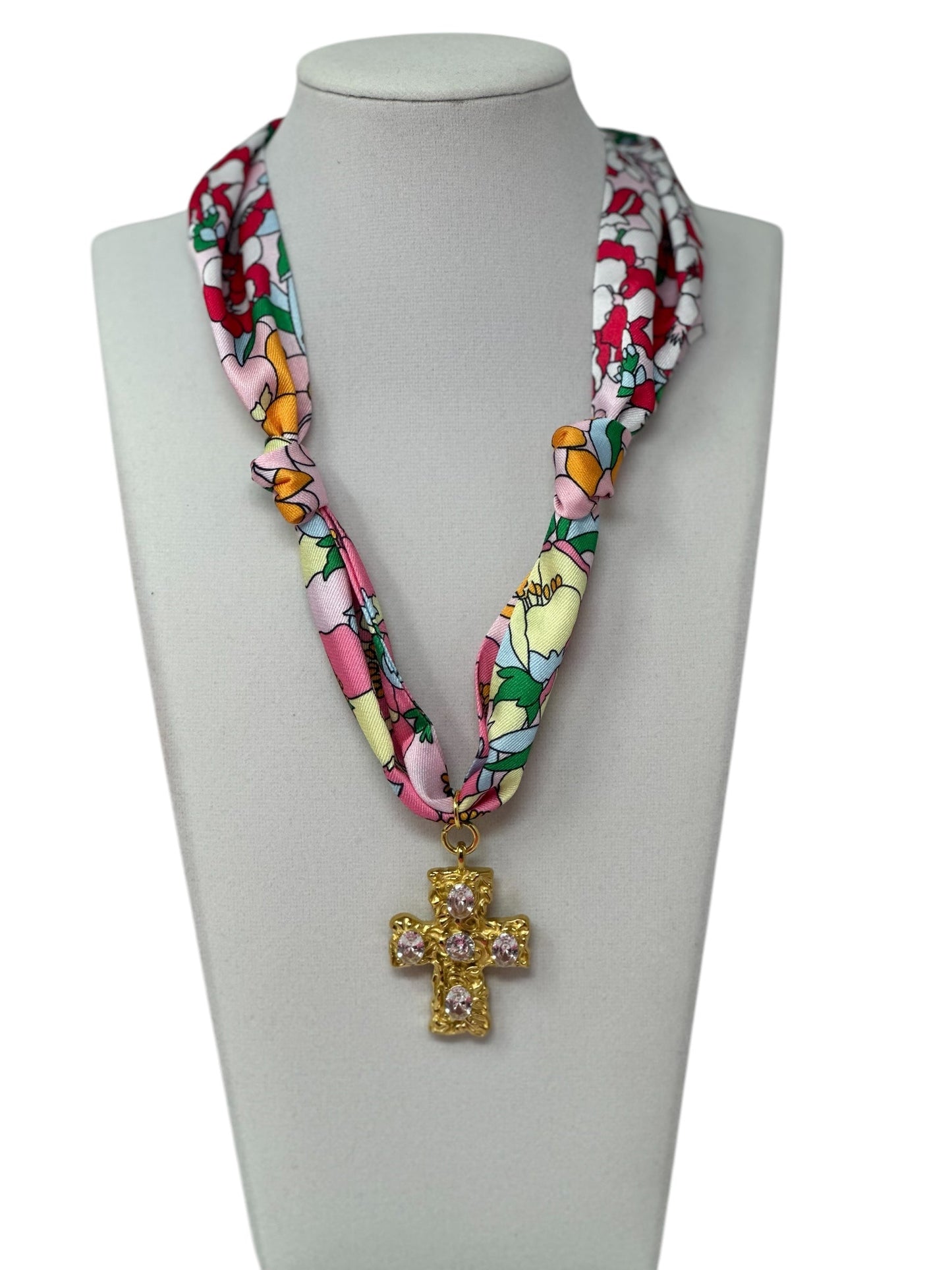 Scarf Charm Necklace - Multi Pink with Rhinestone Cross