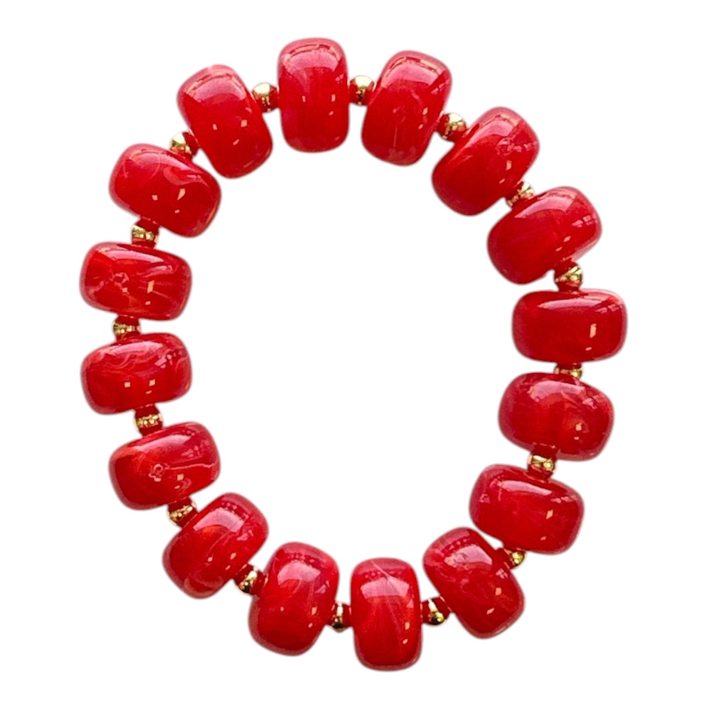 Bauble Bead with Gold Bead Stretch Bracelet -Red