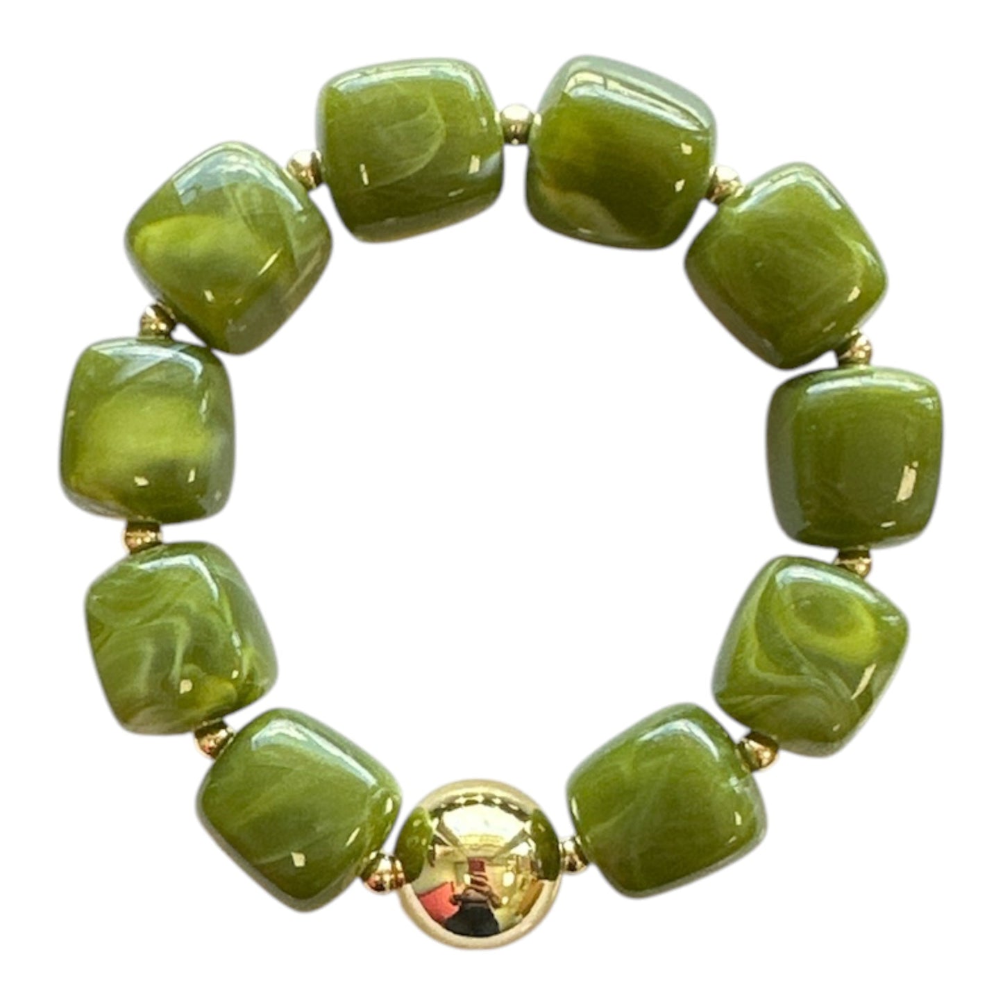 Stretch Bracelet with Gold Statement Bead - Olive Green