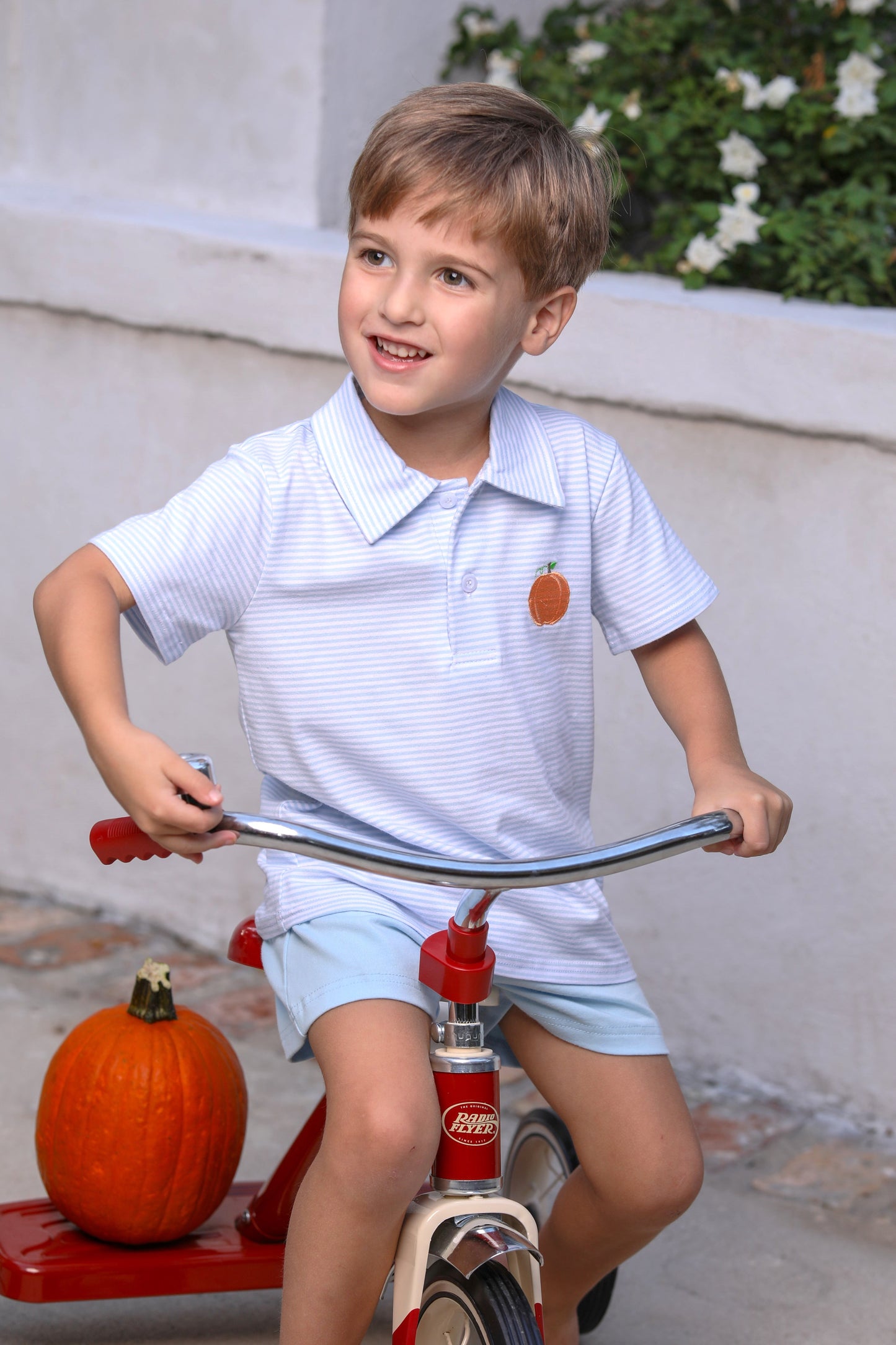 Pumpkin Patch Polo – Classic Striped Boys Polo with Pumpkin Appliqué