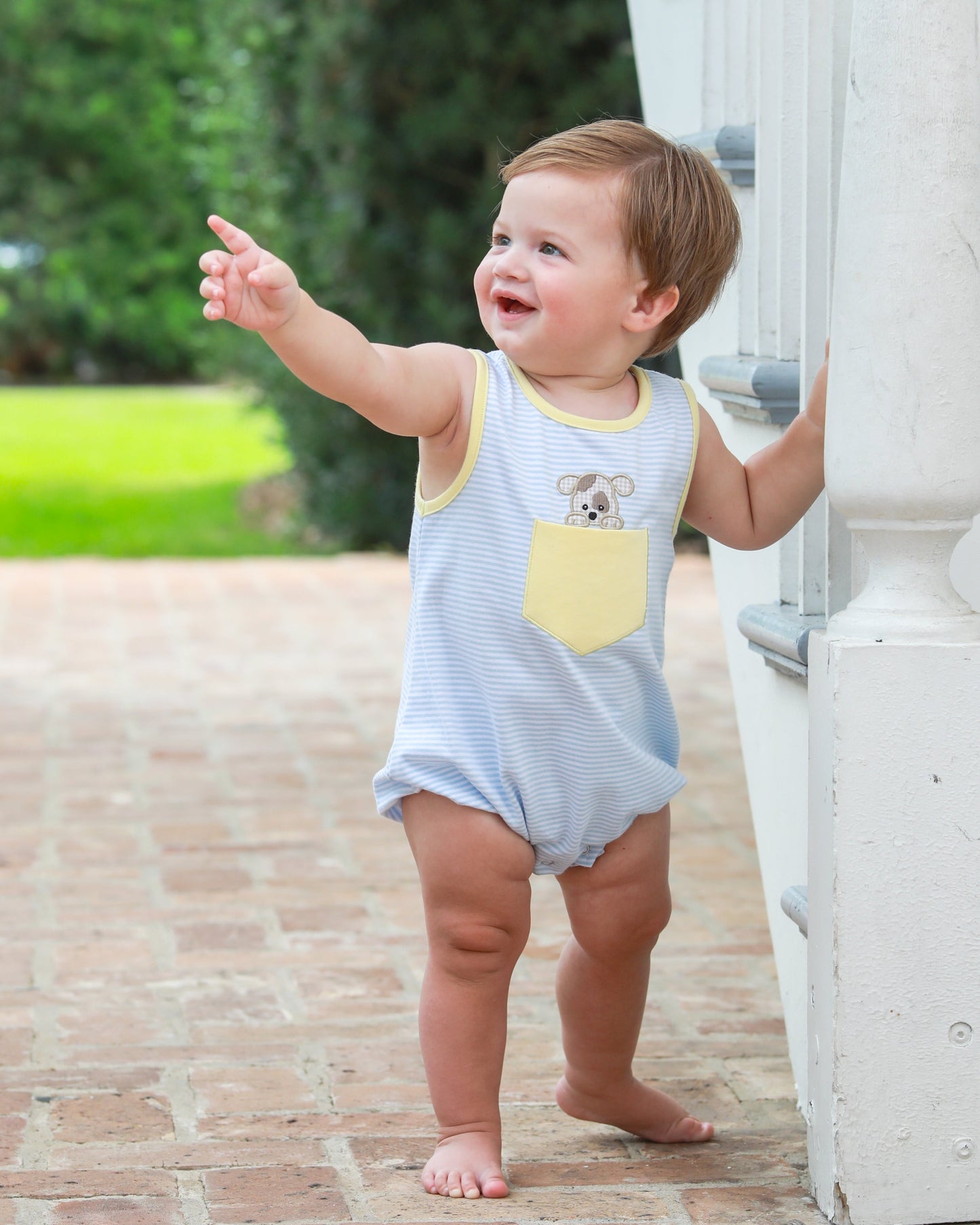 Boys Puppy Paws Pocket Bubble – Blue Stripe & Yellow
