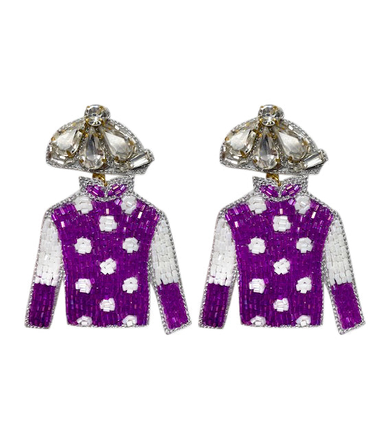 Derby Jersey Silk Earrings - White with Purple Dots