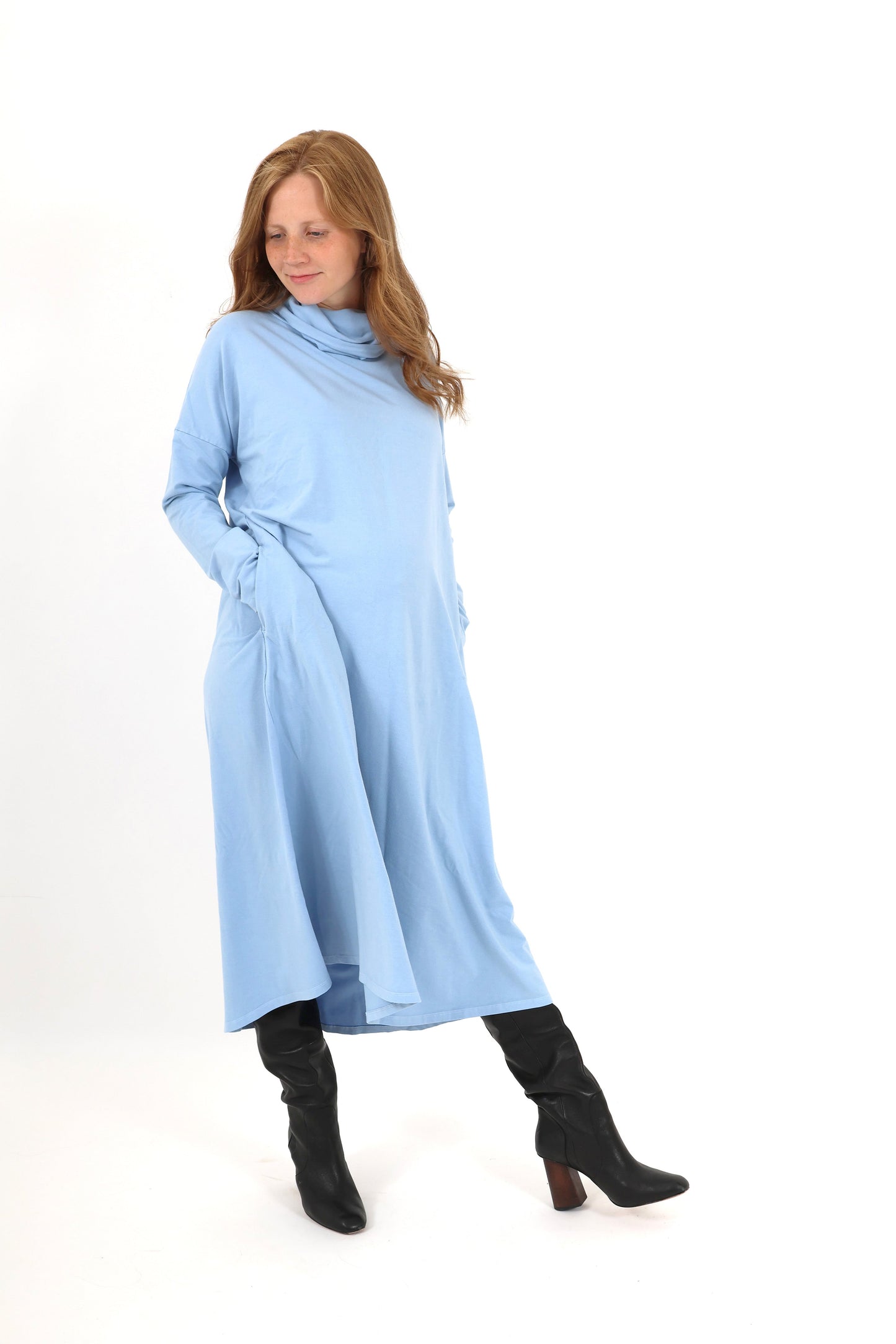 MEREDITH || COWL NECK LONG SLEEVE MATERNITY MIDI DRESS
