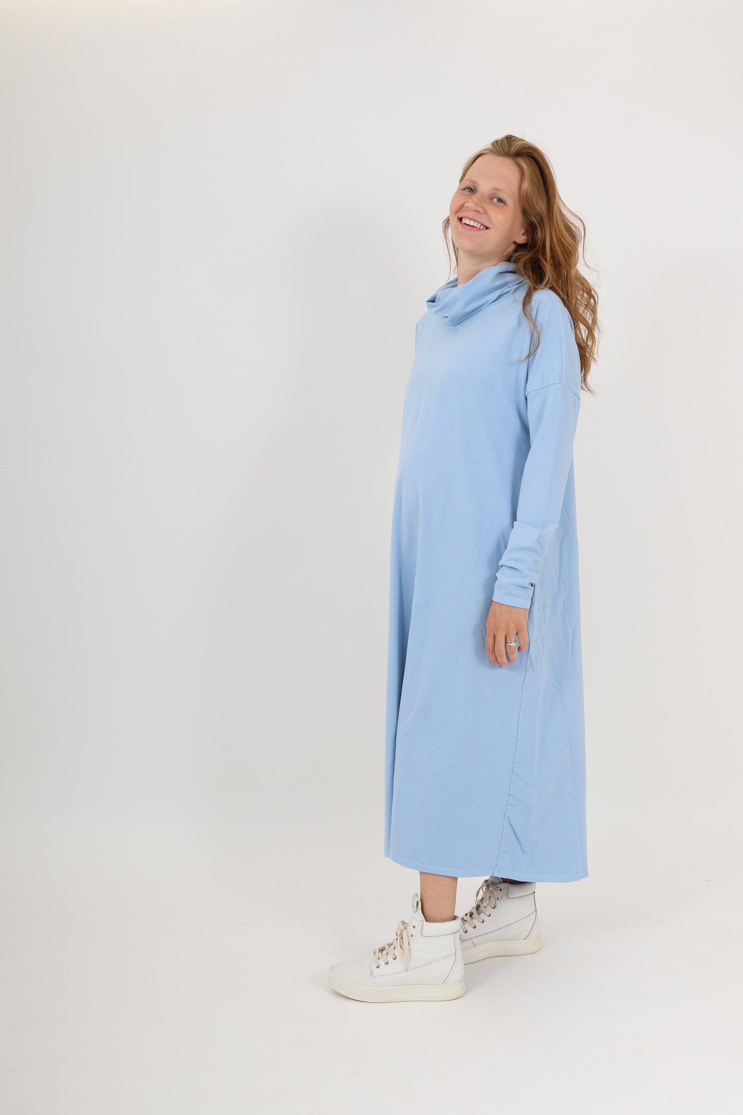 MEREDITH || COWL NECK LONG SLEEVE MATERNITY MIDI DRESS