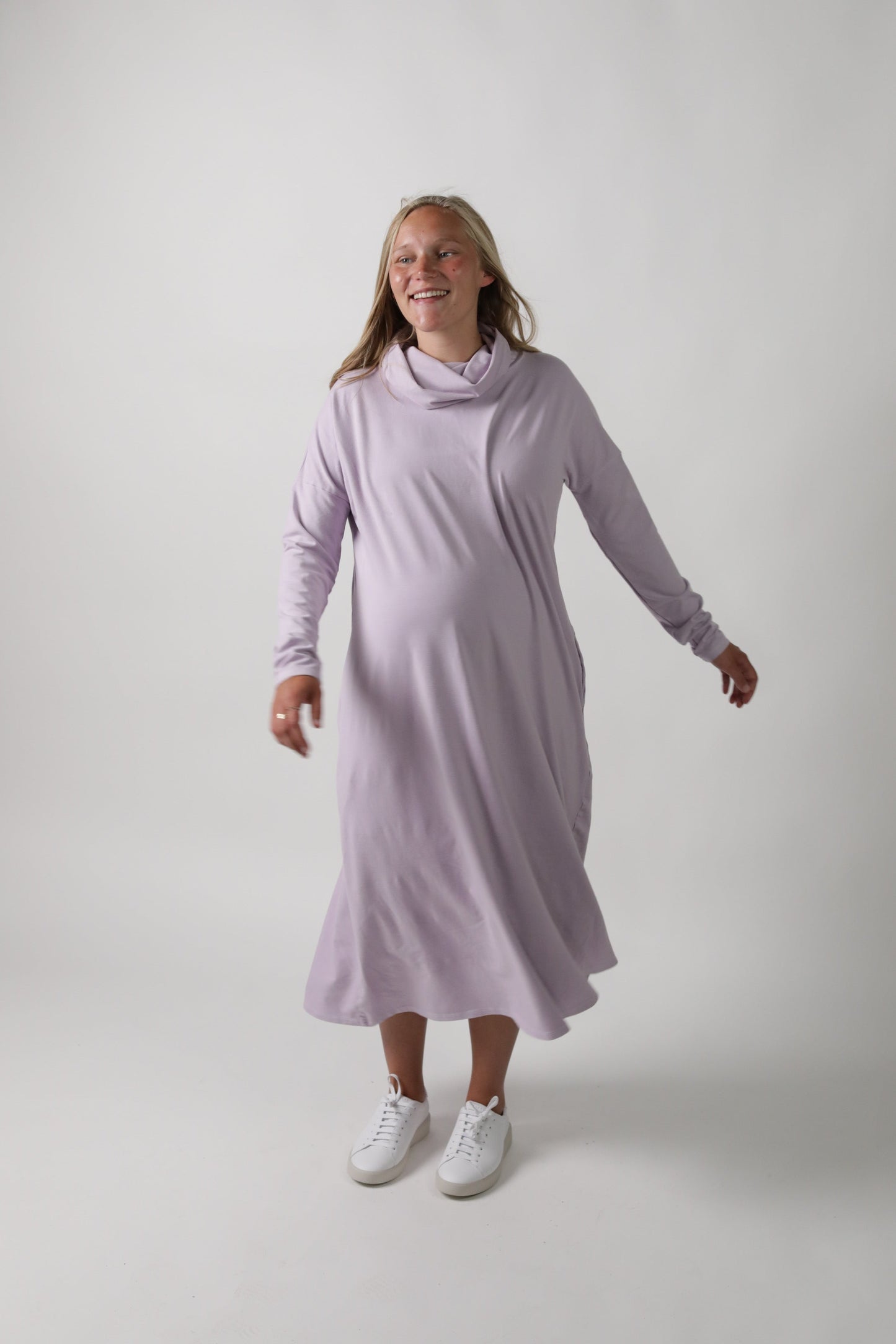 MEREDITH || COWL NECK LONG SLEEVE MATERNITY MIDI DRESS