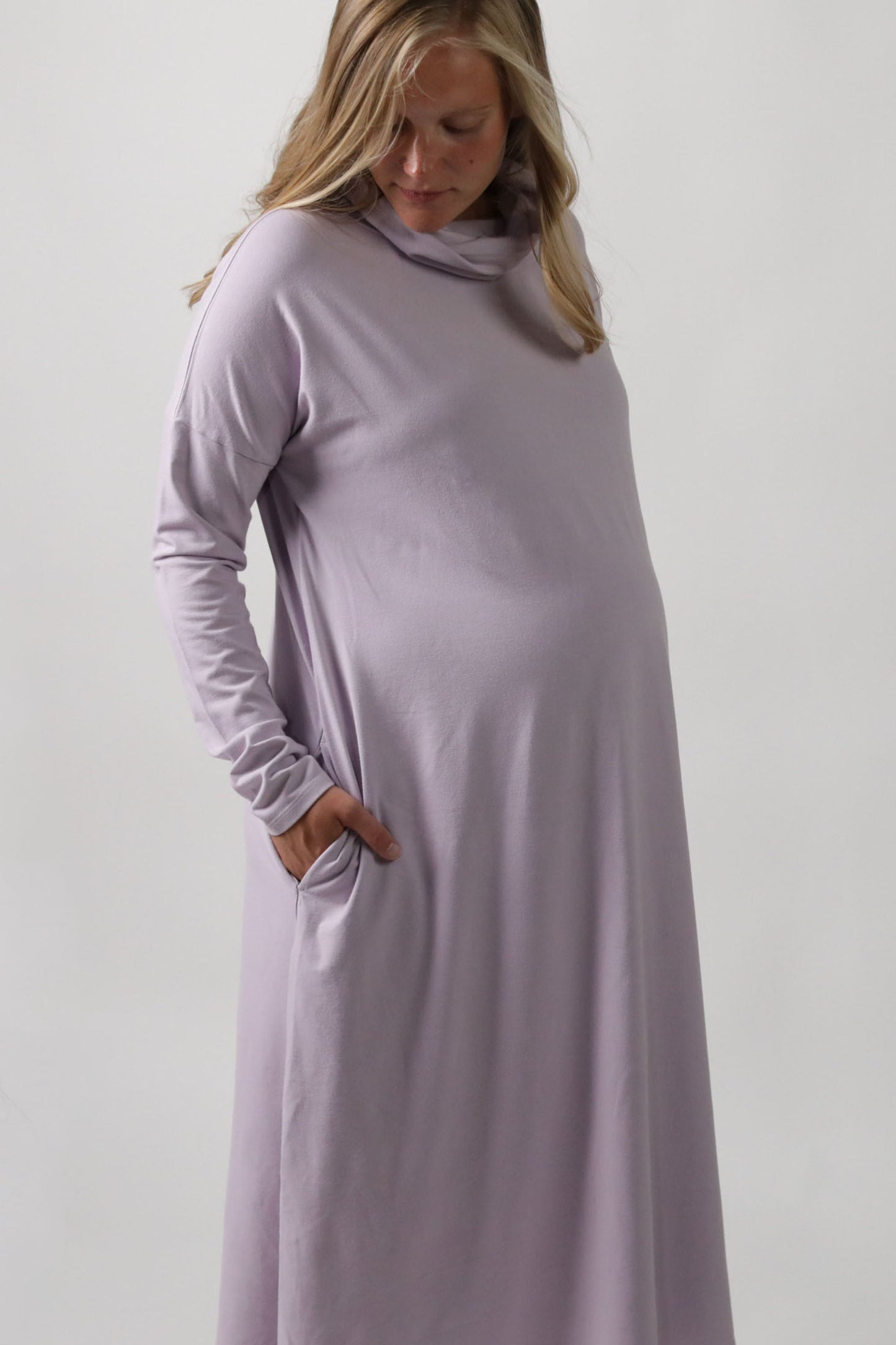 MEREDITH || COWL NECK LONG SLEEVE MATERNITY MIDI DRESS