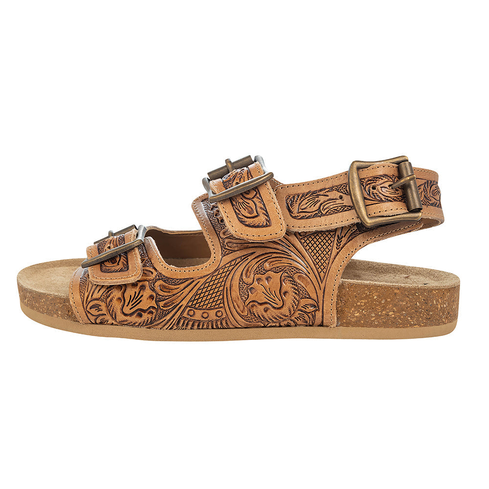 Myra Dixon Trails Sandals for Women with handtooled leather in brown with floral embossed straps