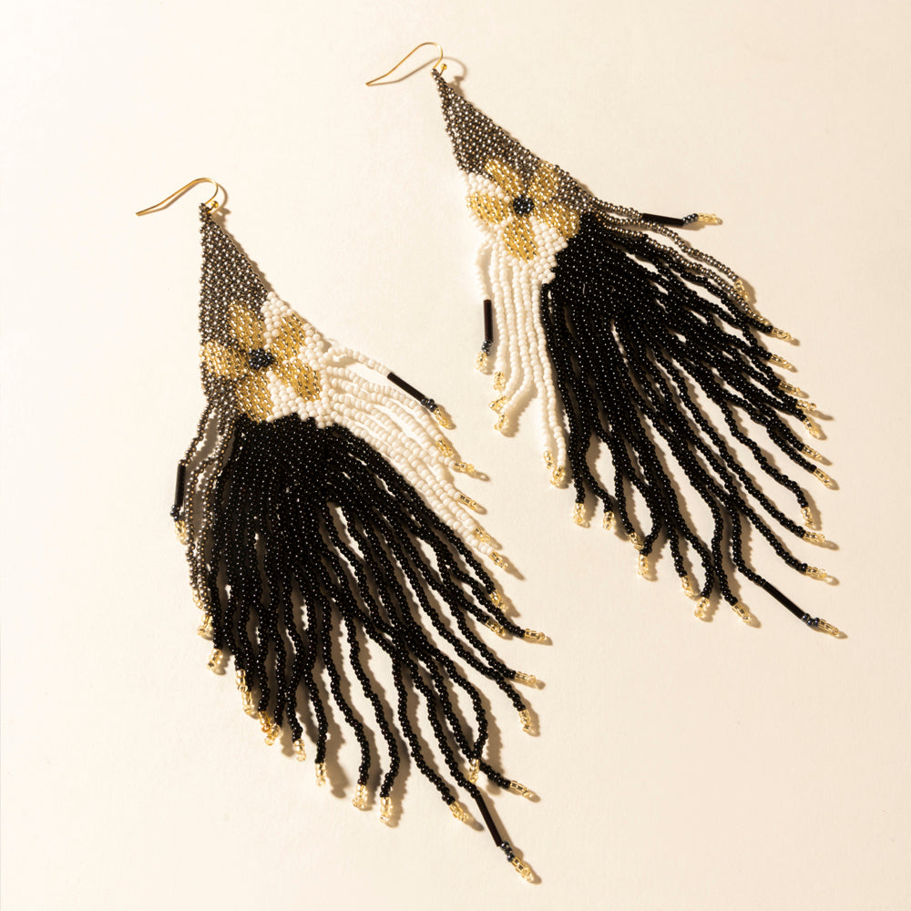 Myra Moonlit Sage Beaded Fringe Earrings in Midnight Coal
