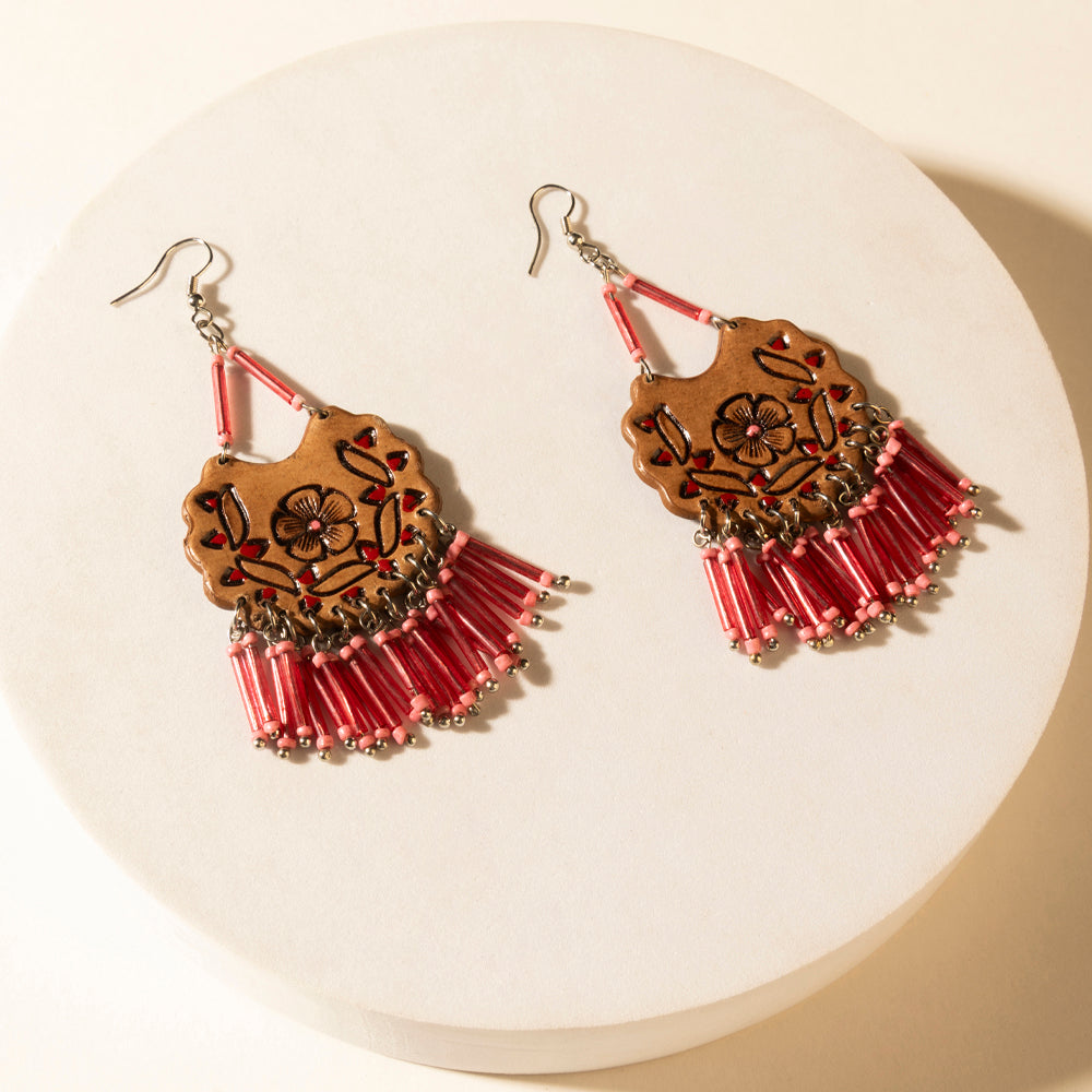 Myra Handtooled Carnival Bloom Fringe Earrings in Ember Pink