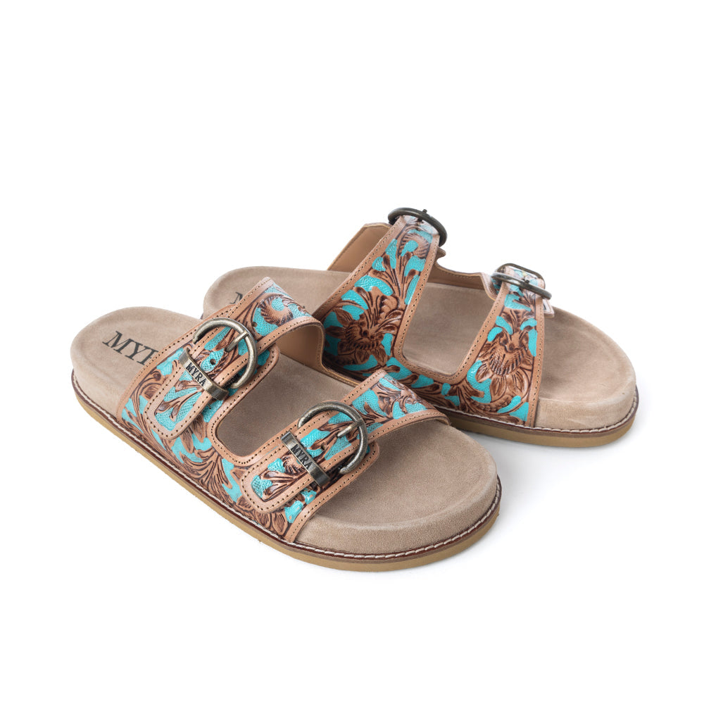 Myra Meadow Sky Handtooled Leather Sandals in Sagewave Blue