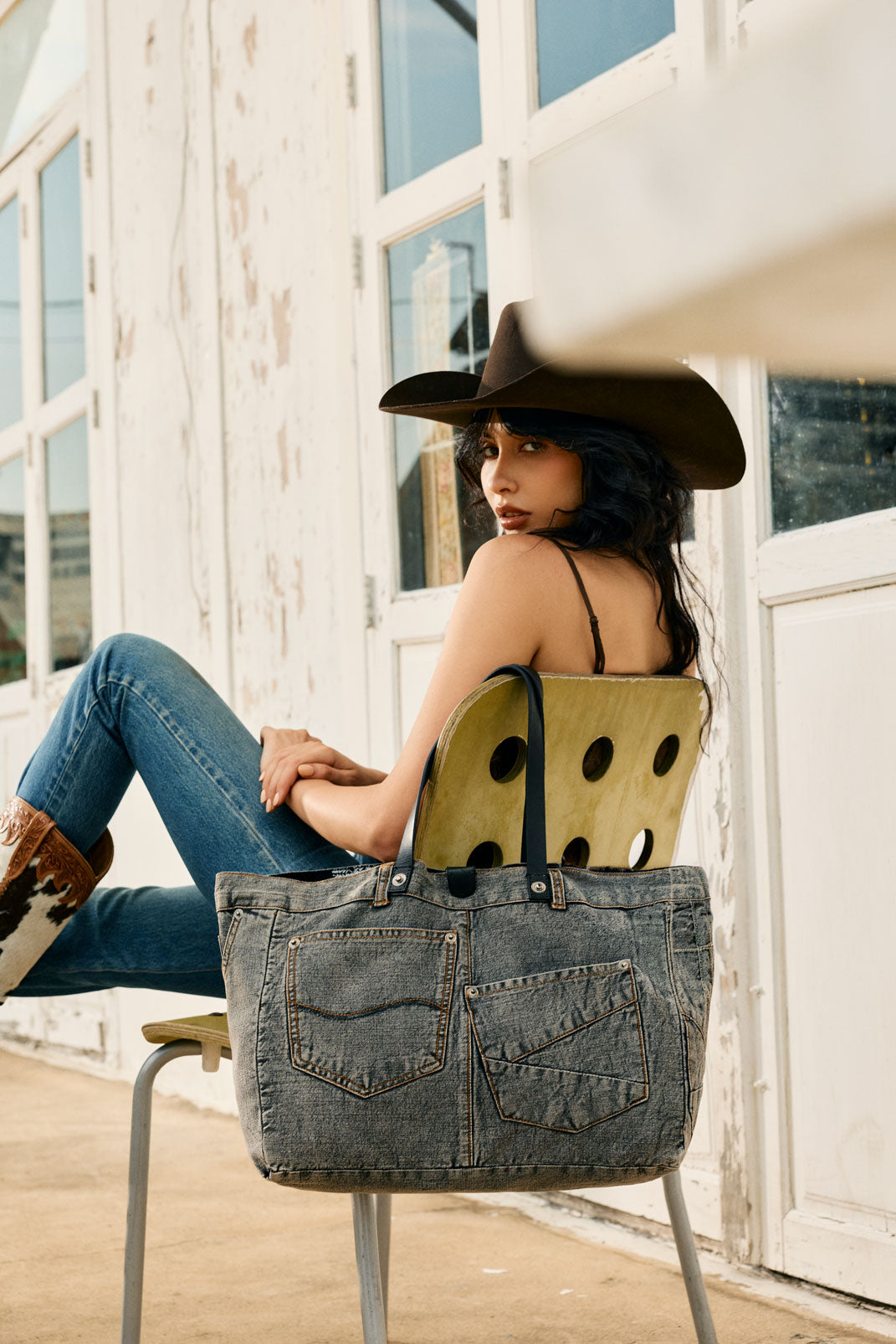 Myra Billyjean Western denim Tote Bag for Women in denim black with leather detail