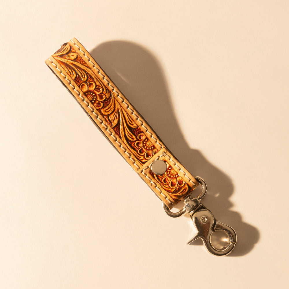 Myra Hide Inlay Western Key Fob in creme with floral detail