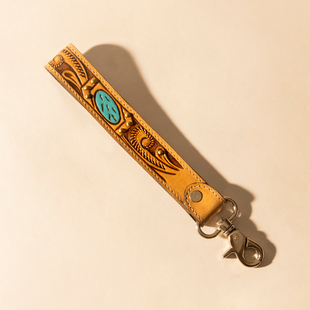 Myra Wildhue Western Key Fob in light brown with turquoise stone handtooled detail