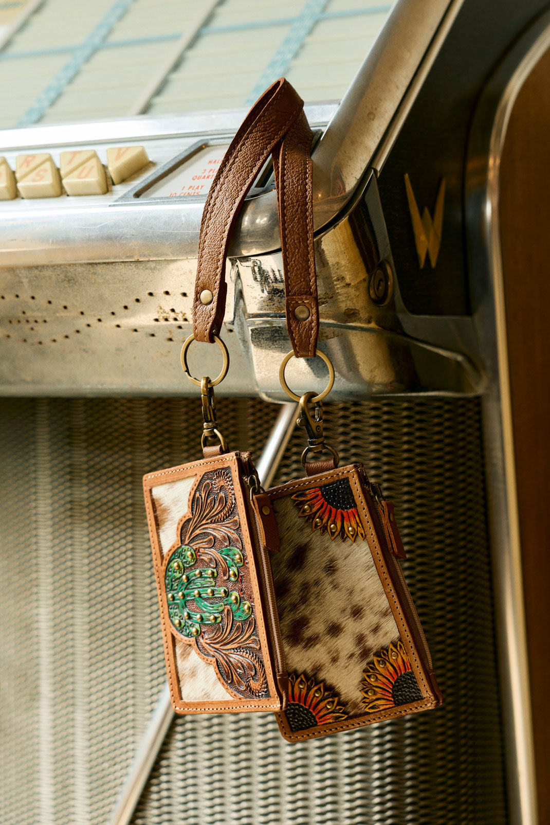 Myra Hand Hewn Western Card Holder for Women in Light Brown with handtooled Cactus detail