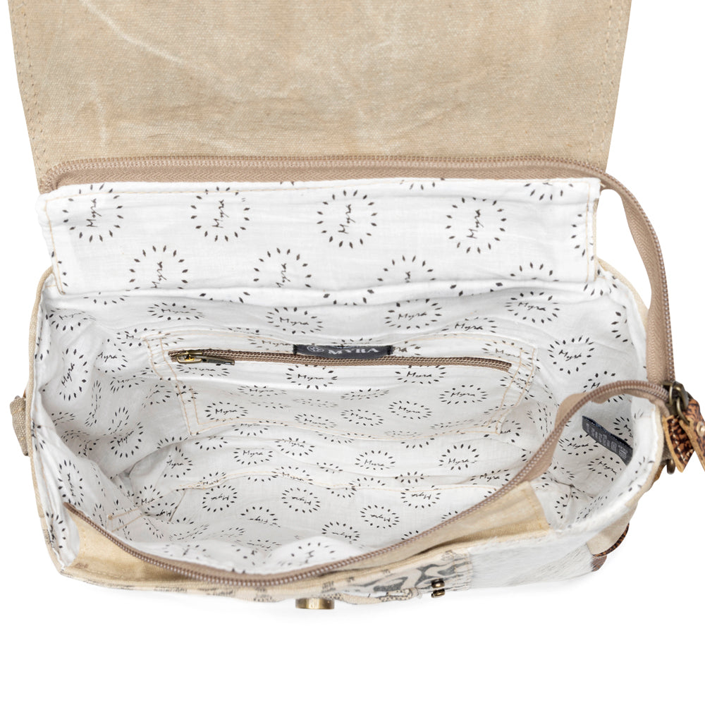Myra Factual Hairon Leather Messenger Bag – Swirl Canvas, White Hairon Flap, Rustic Straps for Everyday Western Style