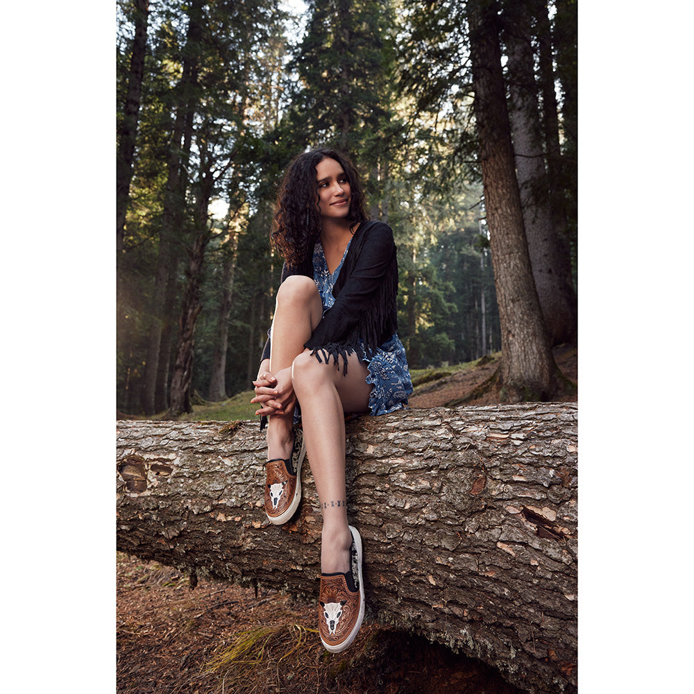 Myra Reflexo Textured Leather Slip-Ons - Hairon Cowhide & Floral Tooling Comfort Sneakers for Women