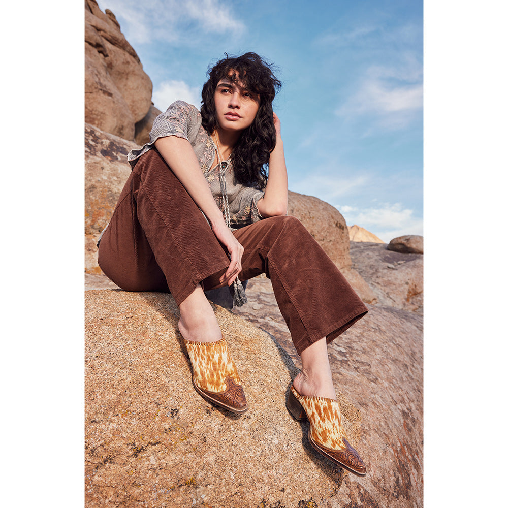 Myra Orange Western Hairon Leather Mules for Women – Pointed Toe, Low Heels, Handtooled Western Slip-Ons